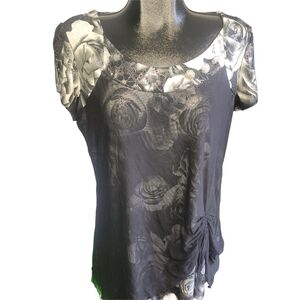 Champagne By Le Grenier Black and White Floral Short Petal Sleeve Top XL